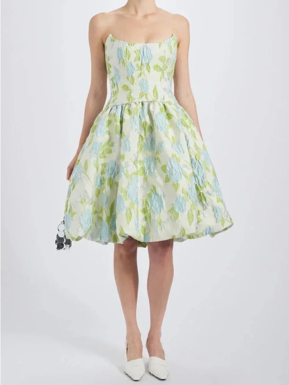 NWT Amsale Floral Jacquard Bubble Hem Dress Ice Floral Size 6 MSRP $1250